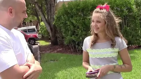 Platinum-blonde nubile with smallish tits talking to a shaven dude