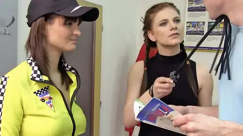 Teenager whips him while he pokes ginger-haired at the driving school