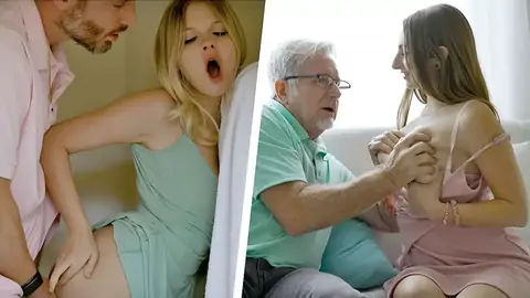 Step granddad and step-father pulverizes teens with hair pulling